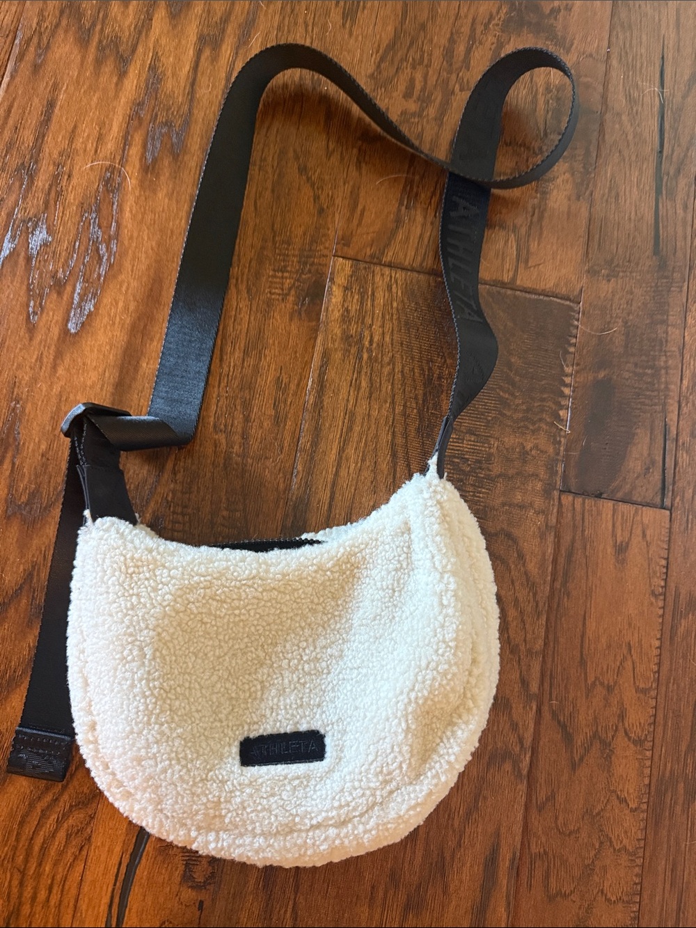 Athleta Cream Faux Sherpa Crossbody Bag with Black Strap